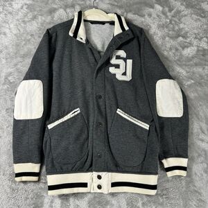 Sean John Varsity‎ Jacket Mens Small Gray Elbow Patch White Sleeve Snap Button